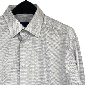David Donahue Mens 17.5 34/35 (XL) 100% Cotton Shirt Blue White Geometric Check